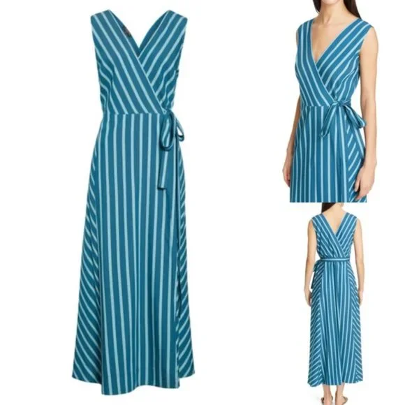 ❎SOLD Lafayette 148 Siri Wrap Dress Striped Blue Pacific Sleeveless Long Dress 2 - Picture 14 of 14
